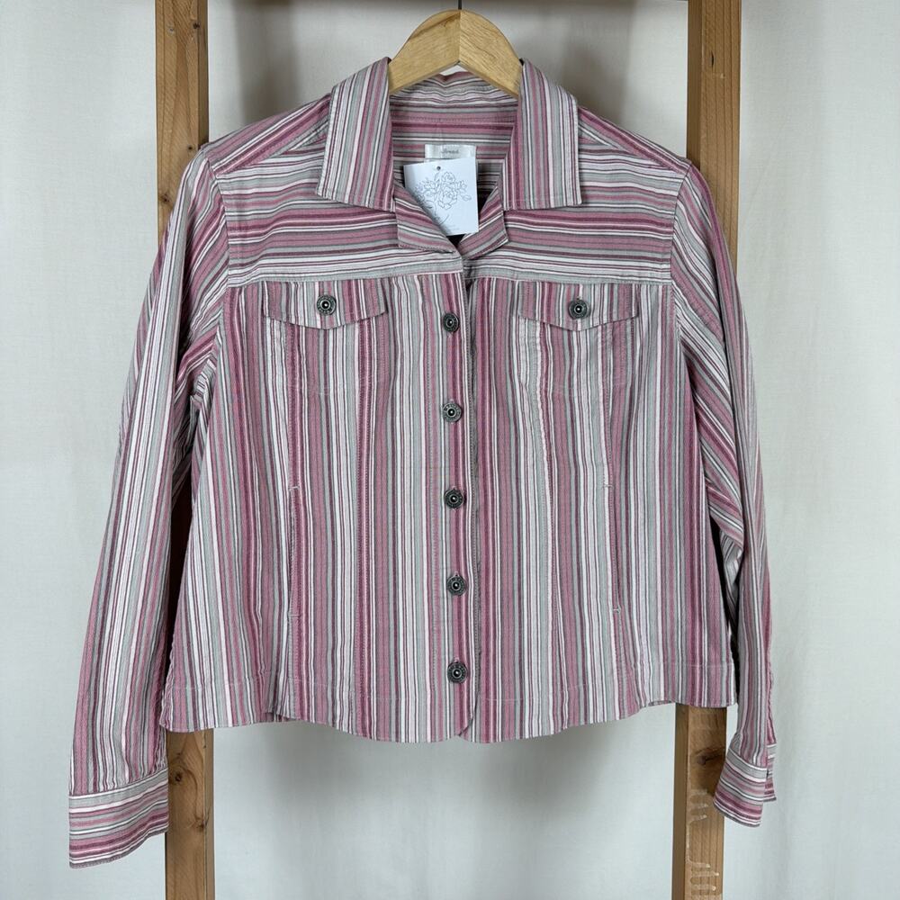 Vintage Christopher & Banks Pink Ivory Stripe Denim Jacket #1289 Size M